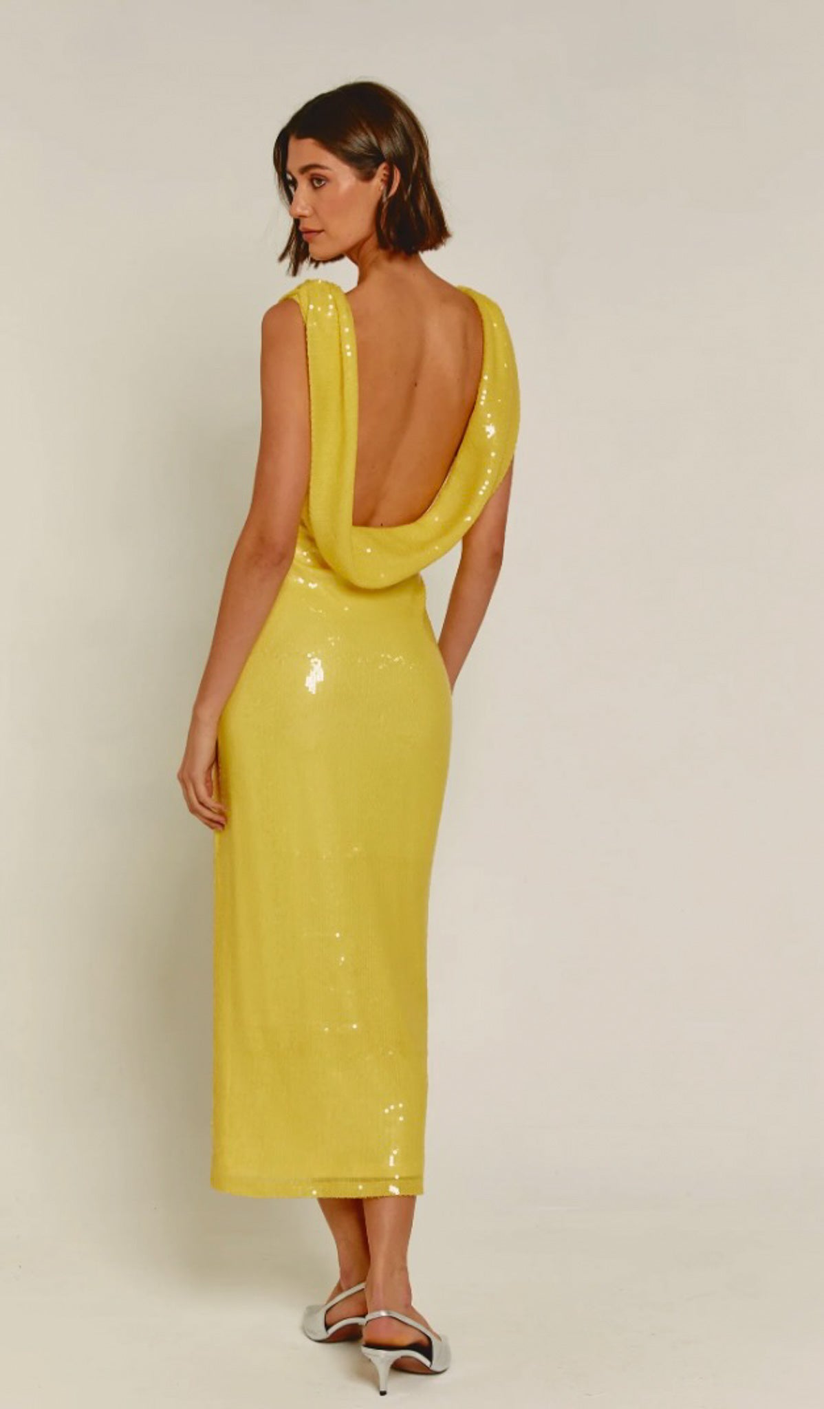 Yellow Sequin Cowl Dress