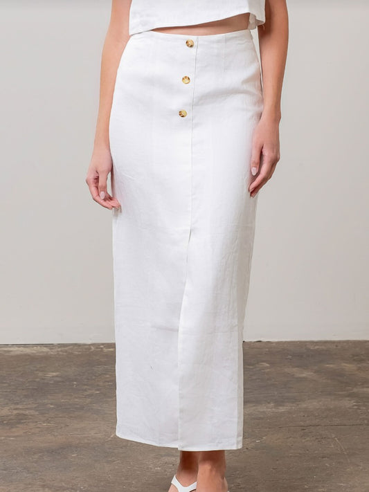 Linen Front Button Detail Midi Skirt