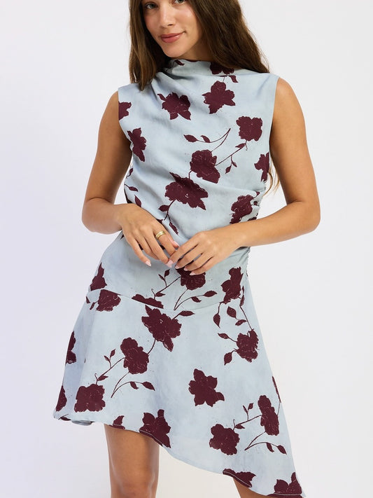 Asymmetrical Blue Floral Dress
