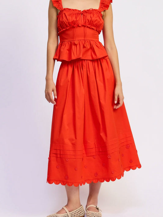 Embroidered Scallop Midi Skirt